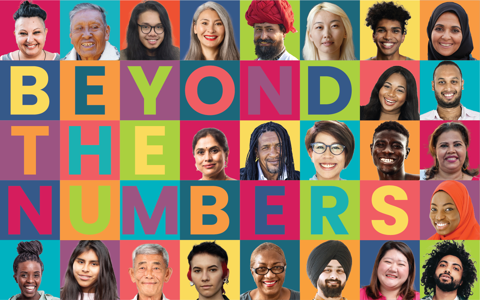 "Beyond the Numbers graphic with tiles of people with lots of different skin tones"