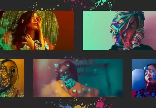 collage of artistic images featuring a woman with multiple colors, taking off masks, paint dripping down her face, colored strings covering her face