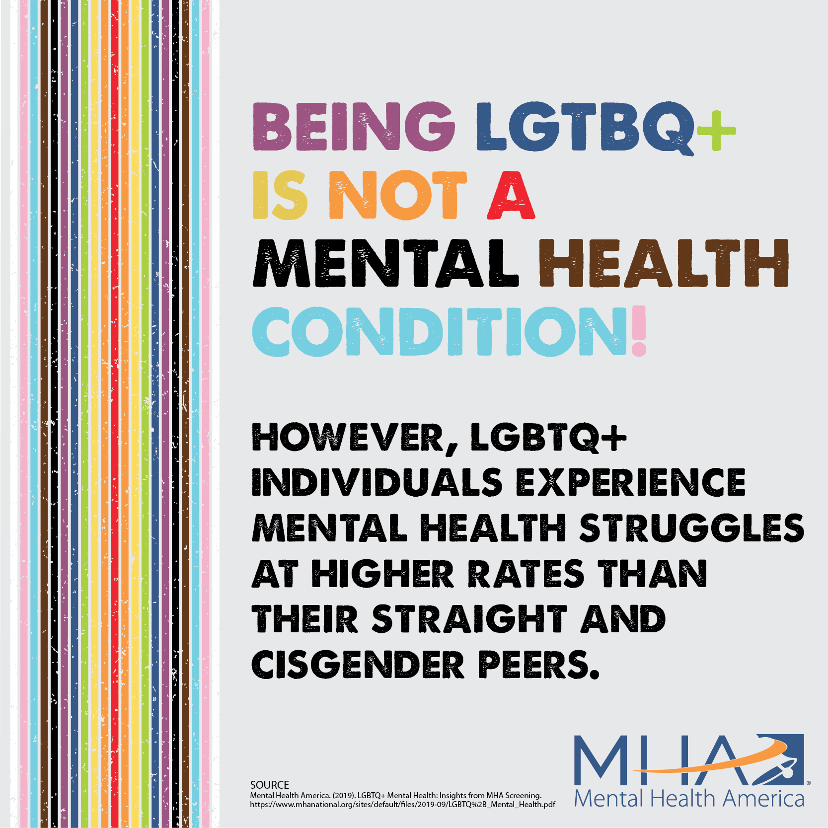 Being LGBTQ+ is not a mental health condition! However LGBTQ+ individuals experience mental health struggles at higher rates than their straight and cisgender peers.